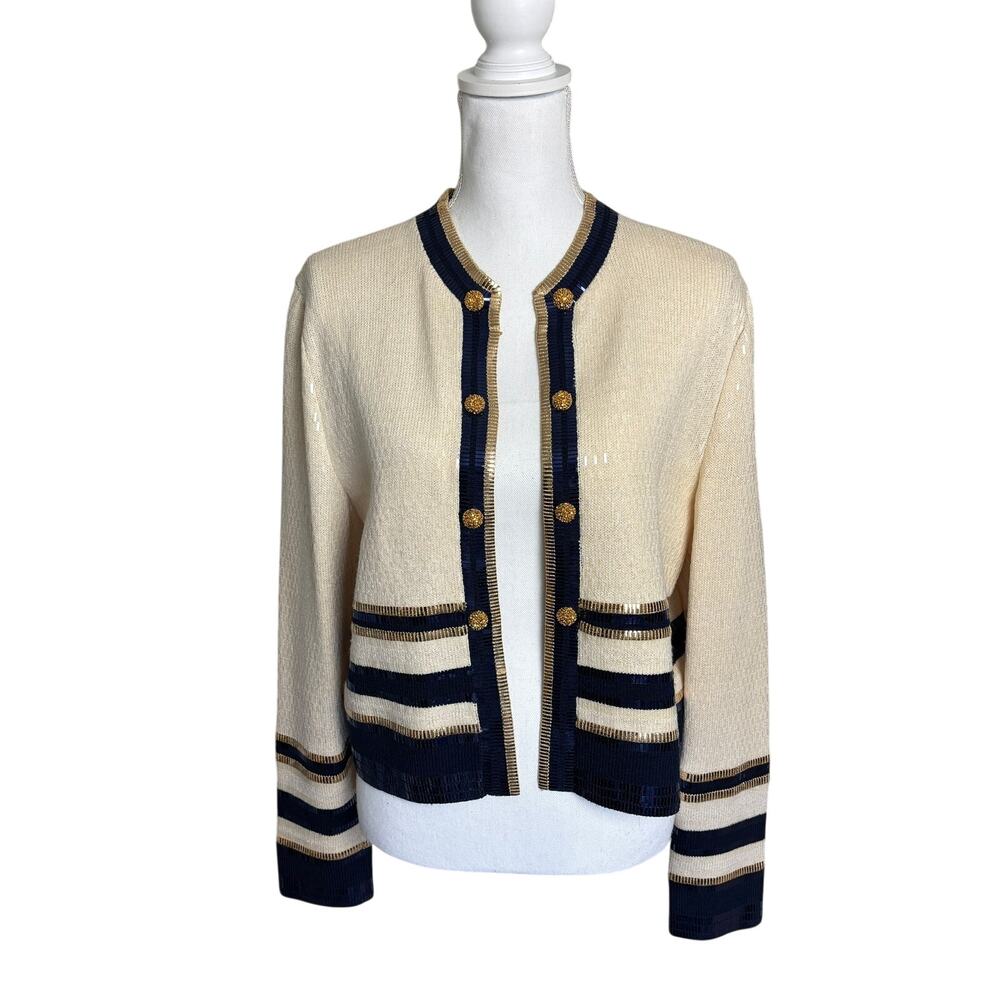 St. John Evening Knit Cardigan Cream Navy Gold Sequin Vintage Button‎ Sz 10